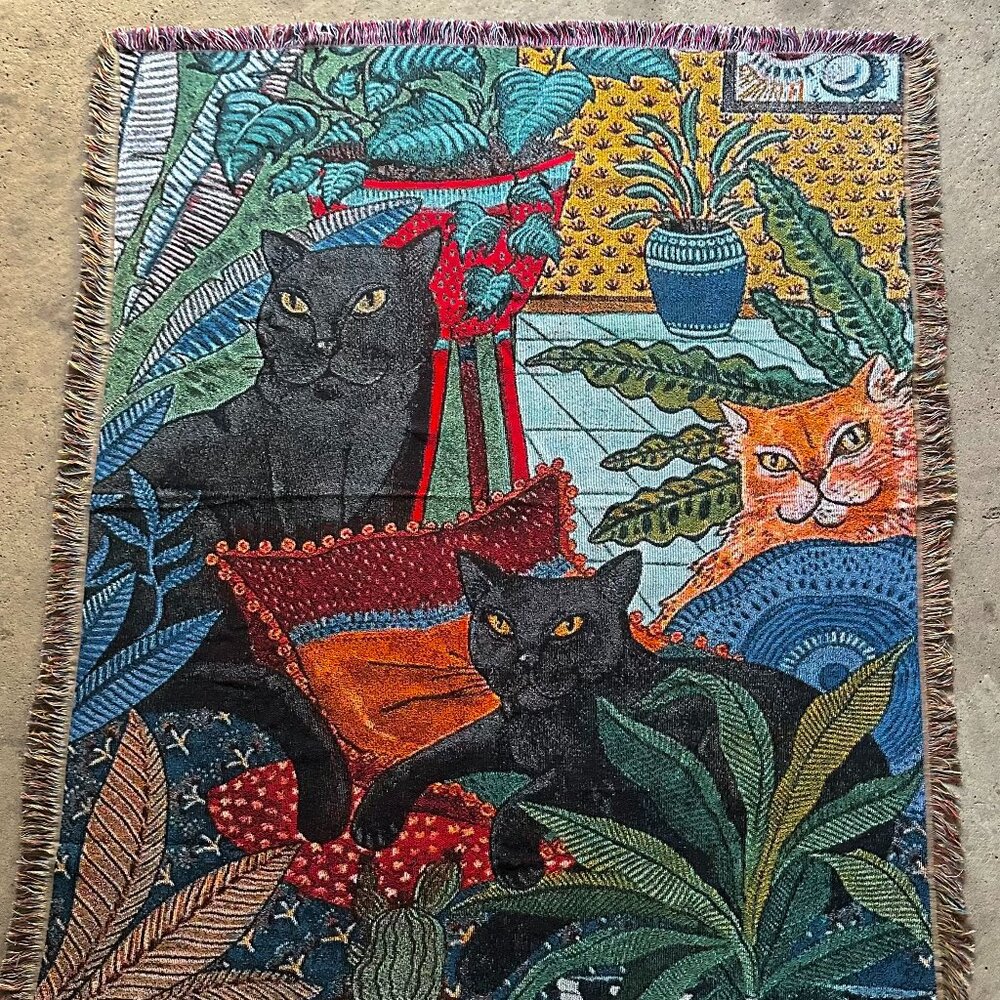 Botanical Cat Woven Tapestry Blanket – Vintage Jungle Home Decor (50x60”) - Picture 1 of 6